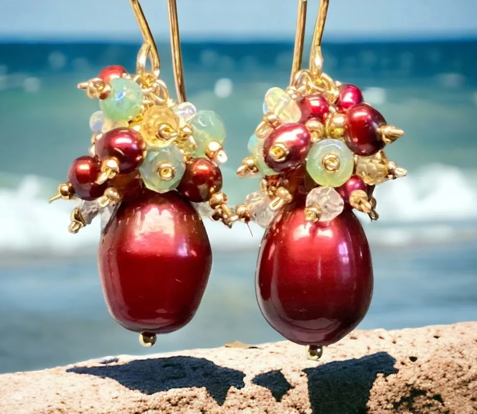 Red Pearl and Gemstone Cluster Earrings, Gold, Christmas Earrings