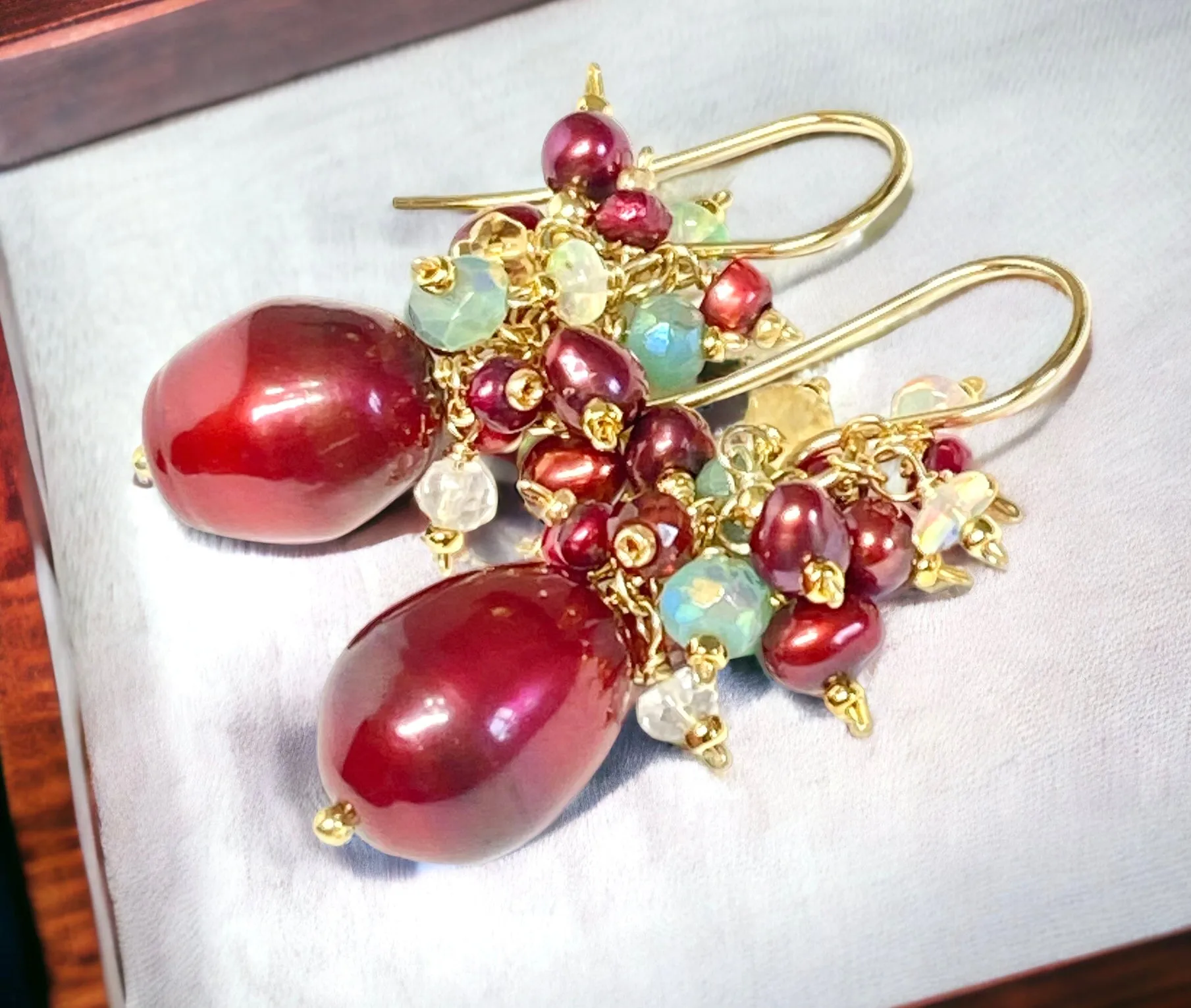 Red Pearl and Gemstone Cluster Earrings, Gold, Christmas Earrings