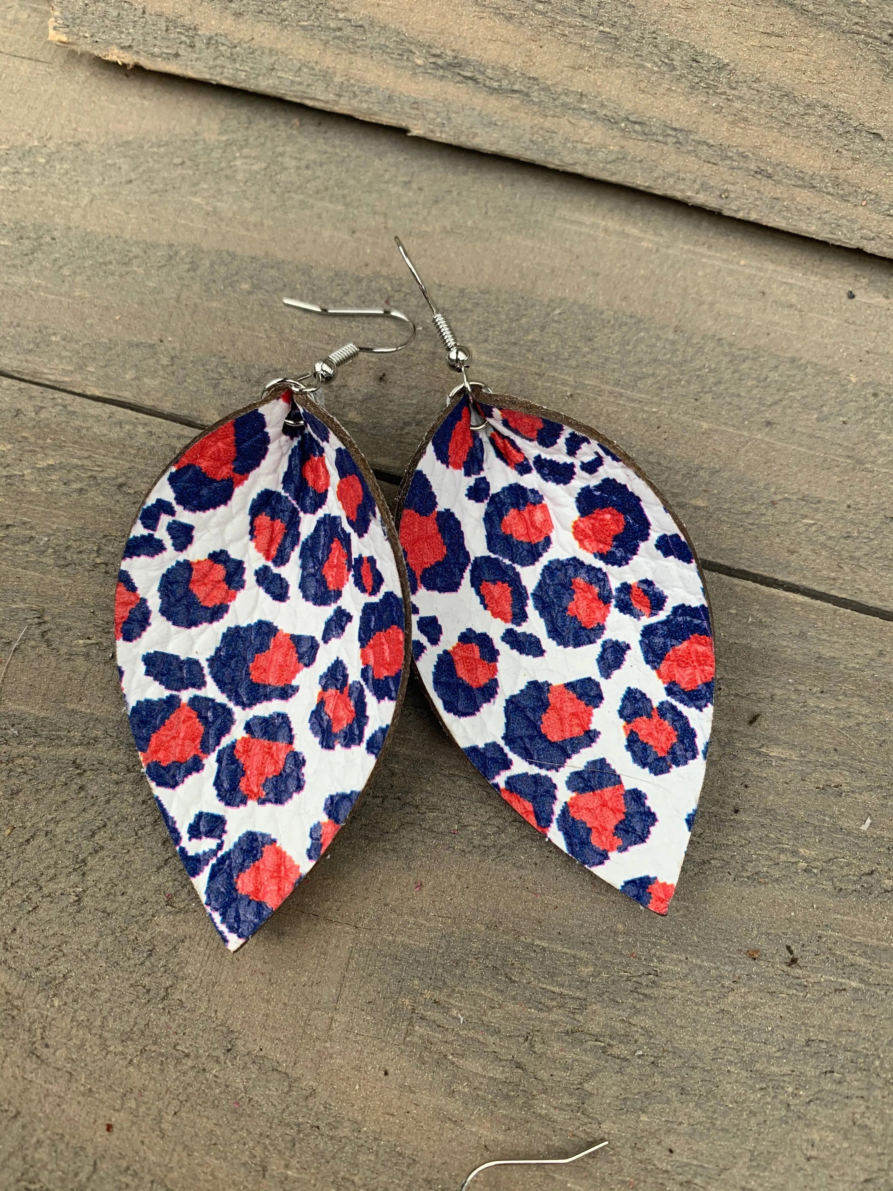 Red White and Blue Leopard Leather Earrings