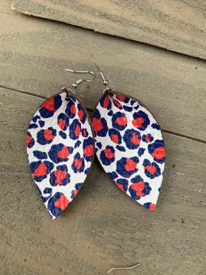 Red White and Blue Leopard Leather Earrings