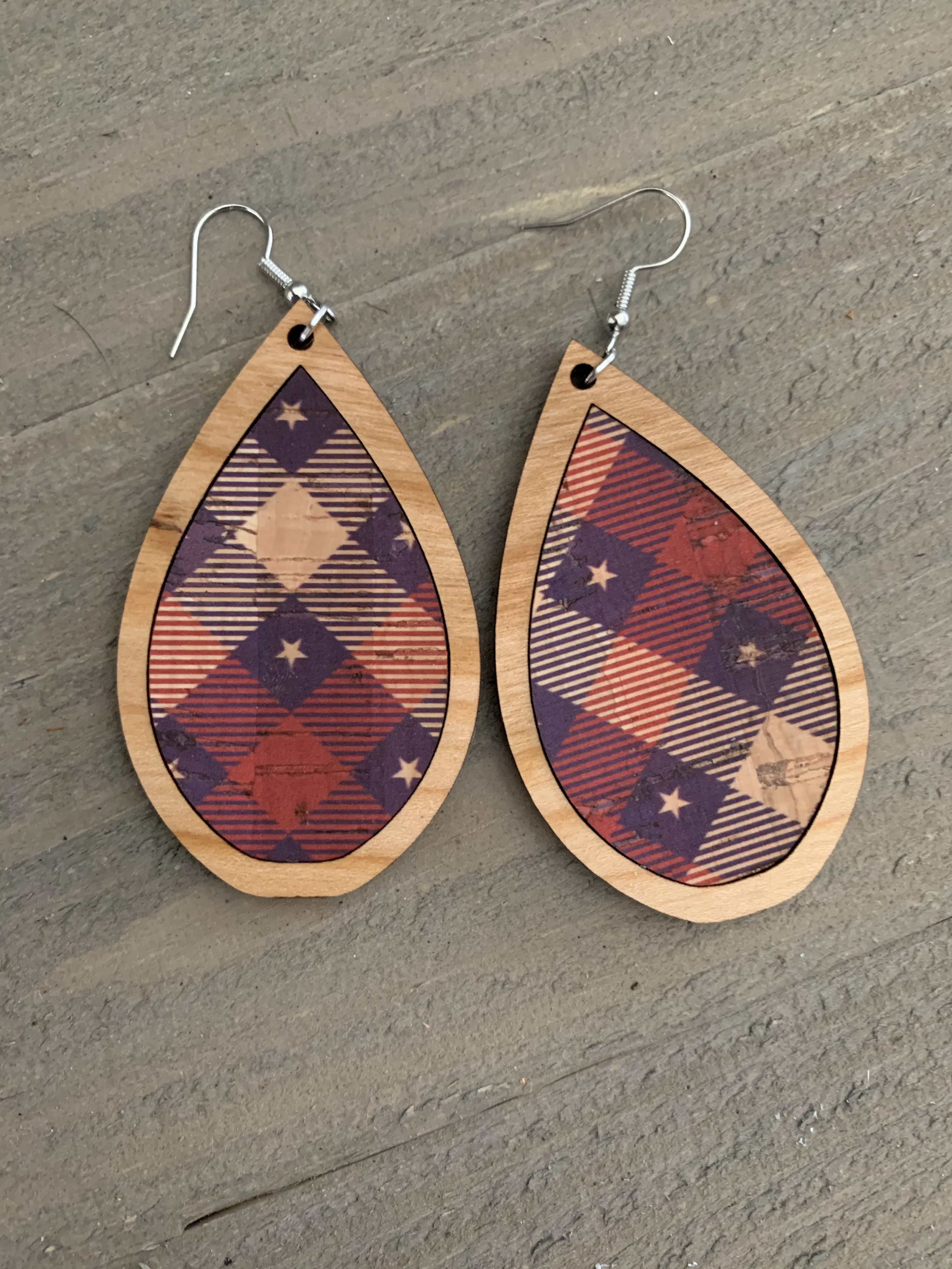 Red White and Blue Star Plaid Cork and Wood Teardrop Earrings
