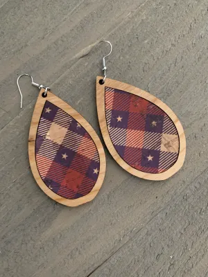 Red White and Blue Star Plaid Cork and Wood Teardrop Earrings