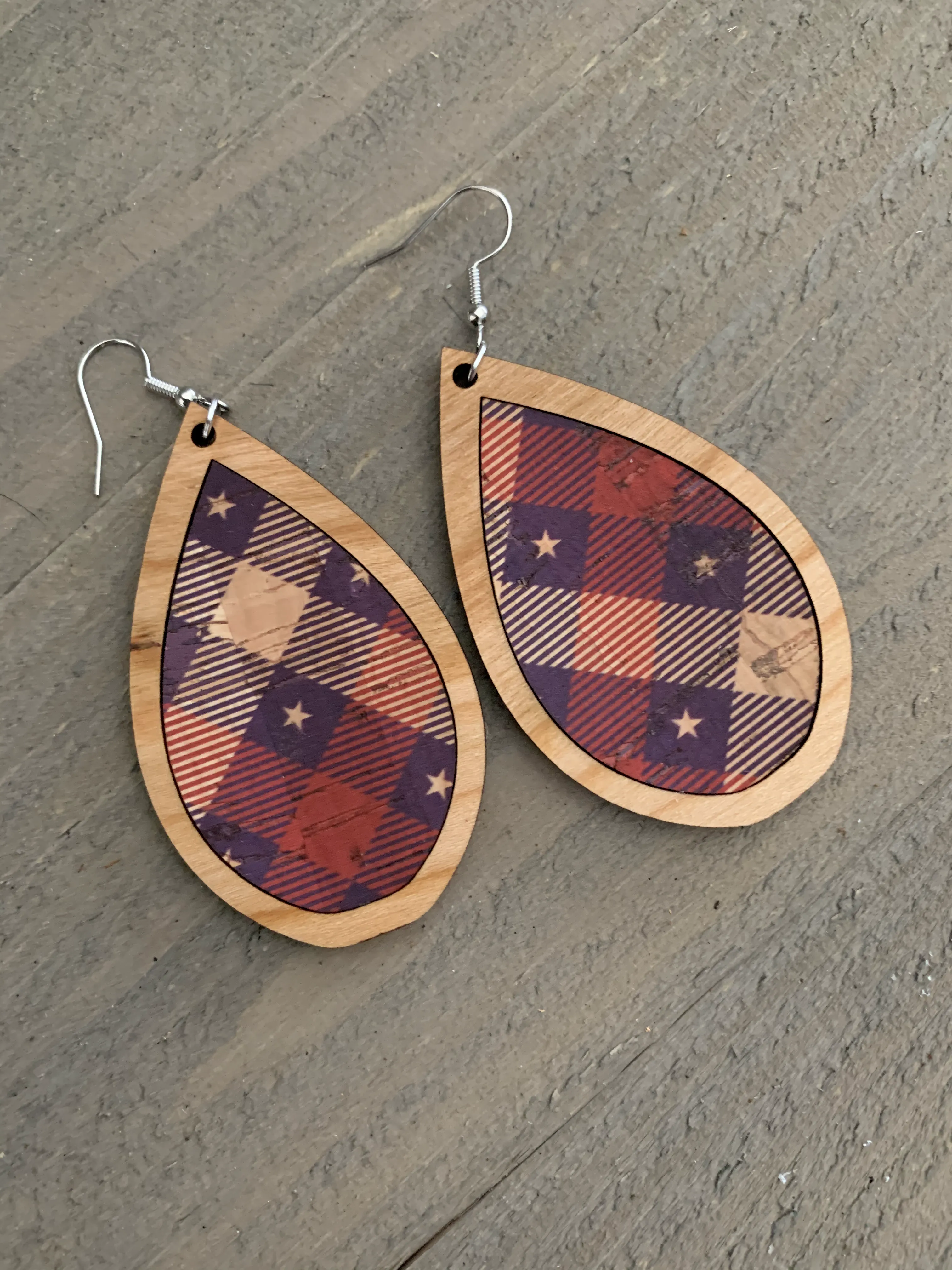 Red White and Blue Star Plaid Cork and Wood Teardrop Earrings