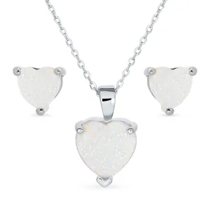 Romantic Bridal Opal Heart Pendant Necklace and Stud Earrings Sterling Silver