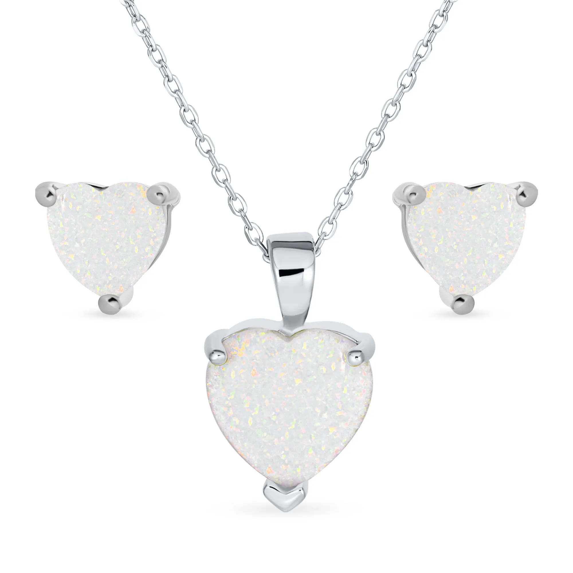 Romantic Bridal Opal Heart Pendant Necklace and Stud Earrings Sterling Silver