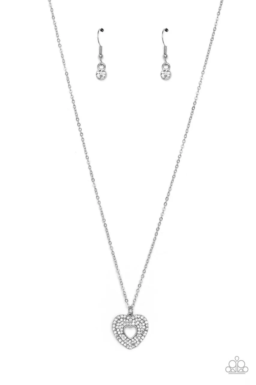 Romantic Retreat - White - Rhinestone Heart Dainty Pendant Paparazzi Short Necklace