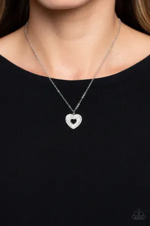Romantic Retreat - White - Rhinestone Heart Dainty Pendant Paparazzi Short Necklace