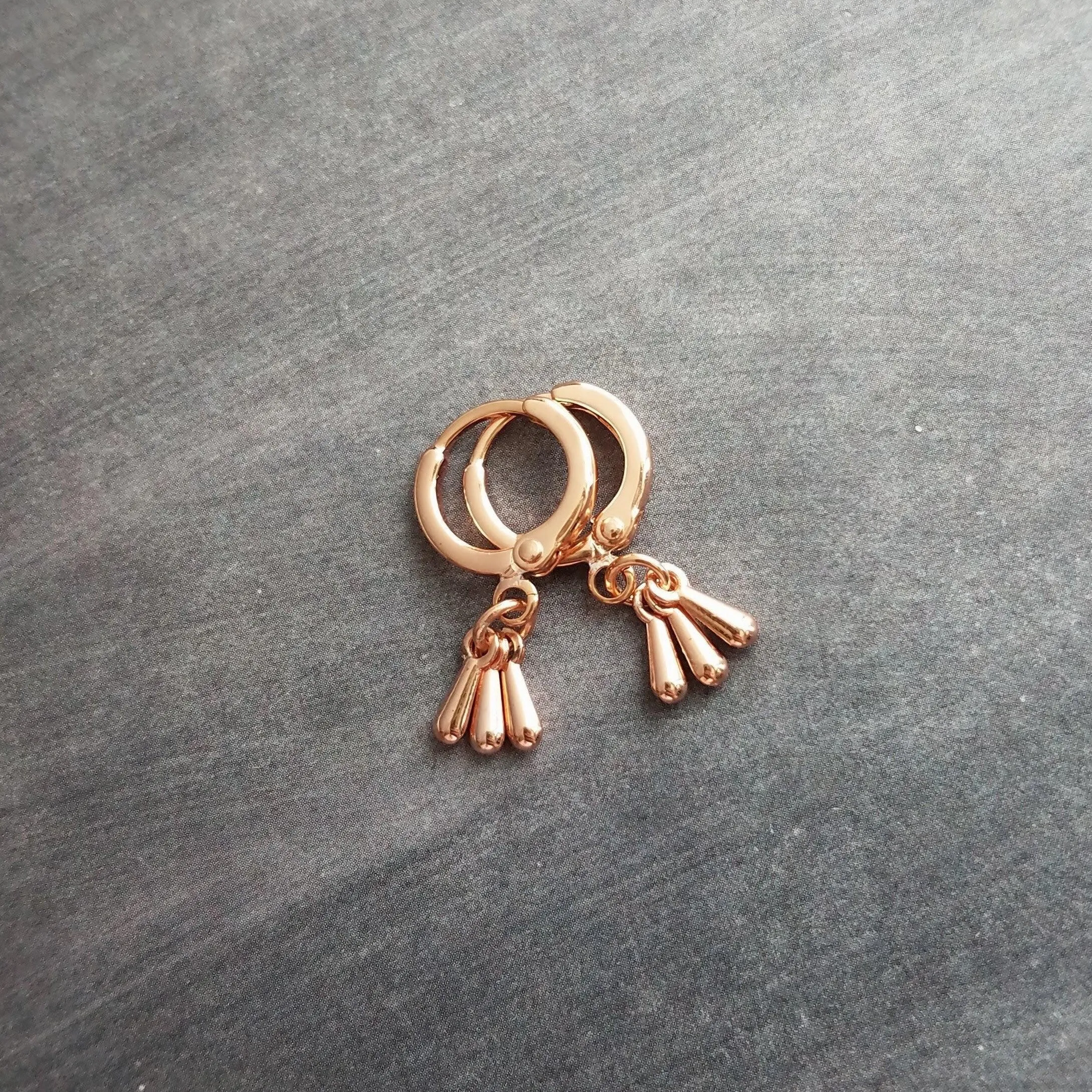 Rose Gold Drop Earrings, little teardrop earring, rose gold tear drop earring, 3 drop earring, dainty rose gold, small rose gold huggie hoop