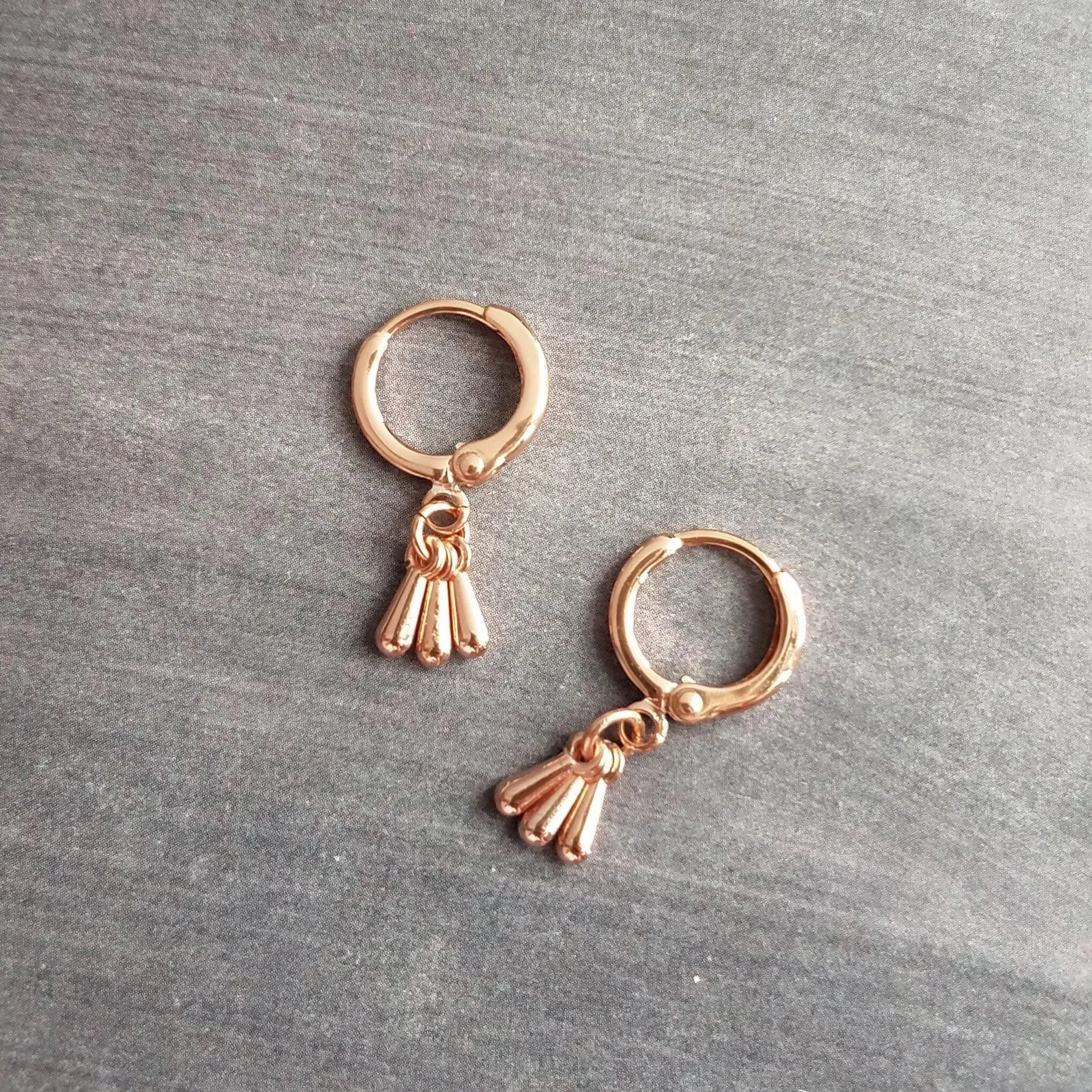 Rose Gold Drop Earrings, little teardrop earring, rose gold tear drop earring, 3 drop earring, dainty rose gold, small rose gold huggie hoop