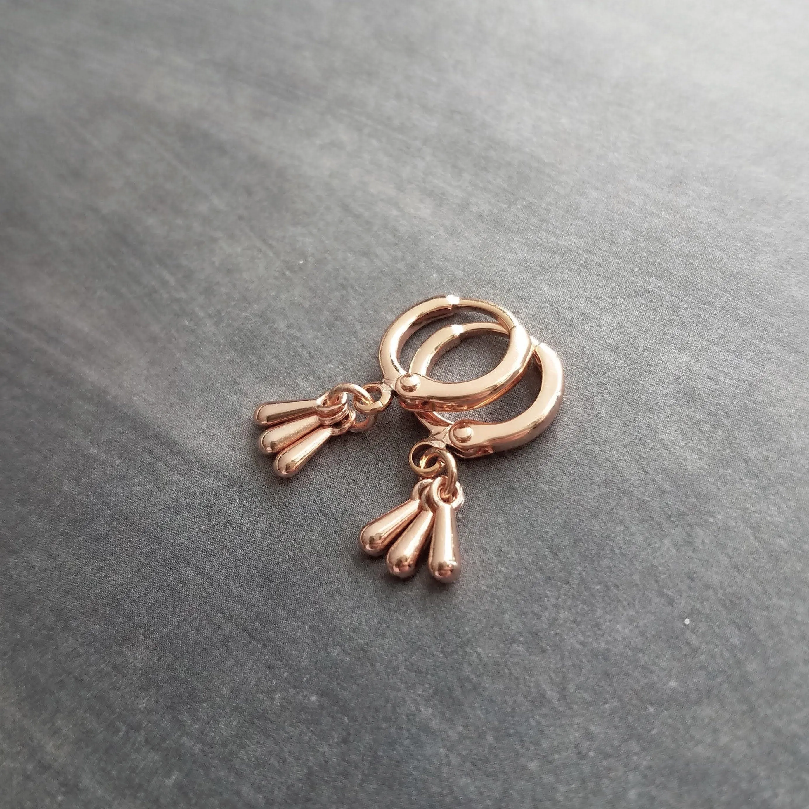 Rose Gold Drop Earrings, little teardrop earring, rose gold tear drop earring, 3 drop earring, dainty rose gold, small rose gold huggie hoop