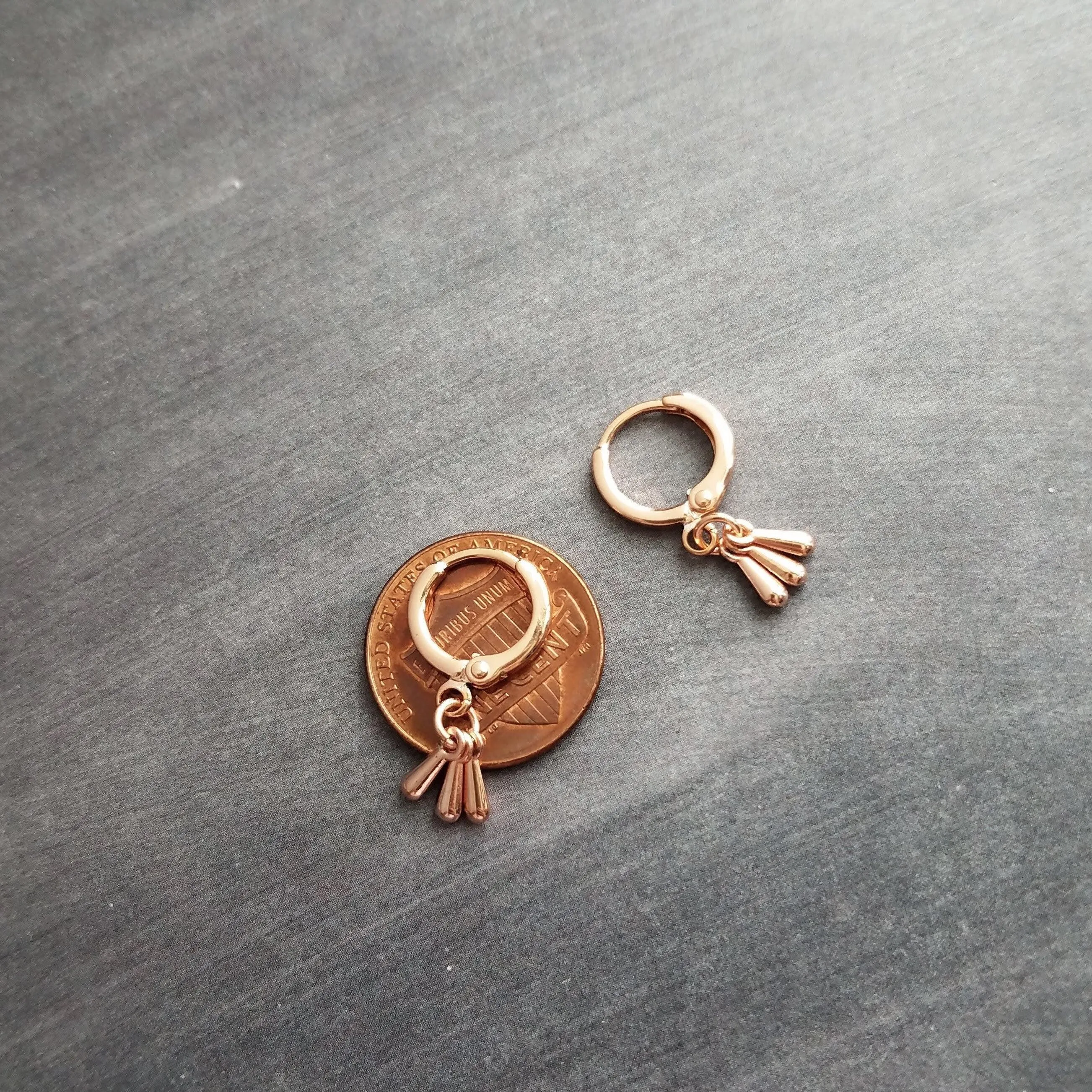 Rose Gold Drop Earrings, little teardrop earring, rose gold tear drop earring, 3 drop earring, dainty rose gold, small rose gold huggie hoop