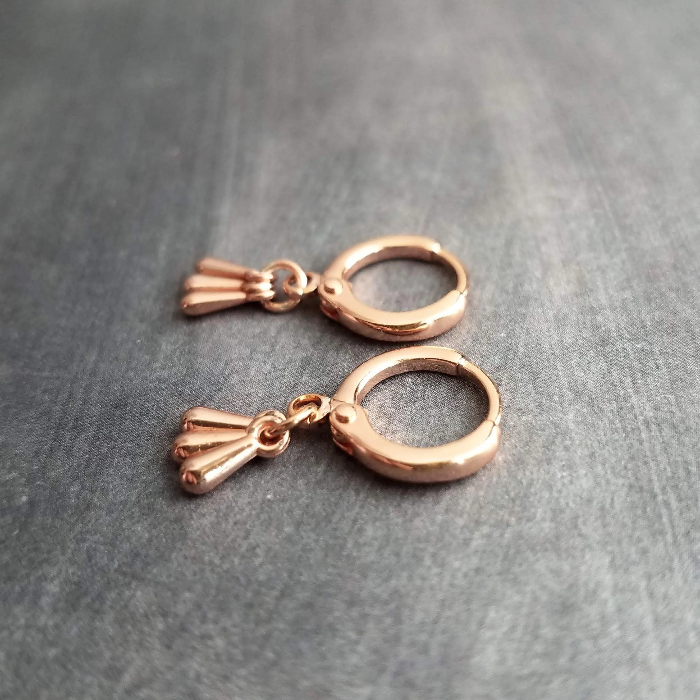 Rose Gold Drop Earrings, little teardrop earring, rose gold tear drop earring, 3 drop earring, dainty rose gold, small rose gold huggie hoop