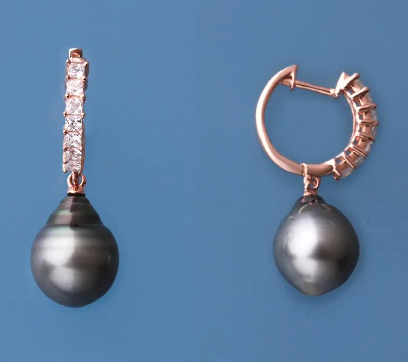 Rose Gold Plated Silver Earrings with 11-12mm Tahitian Pearl and Cubic Zirconia