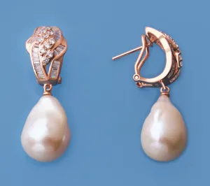 Rose Gold Plated Silver Earrings with 14-15mm Baroque Shape Freshwater Pearl and Cubic Zirconia