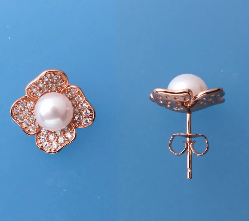 Rose Gold Plated Silver Earrings with 6.5-7mm Button Shape Freshwater Pearl and Cubic Zirconia