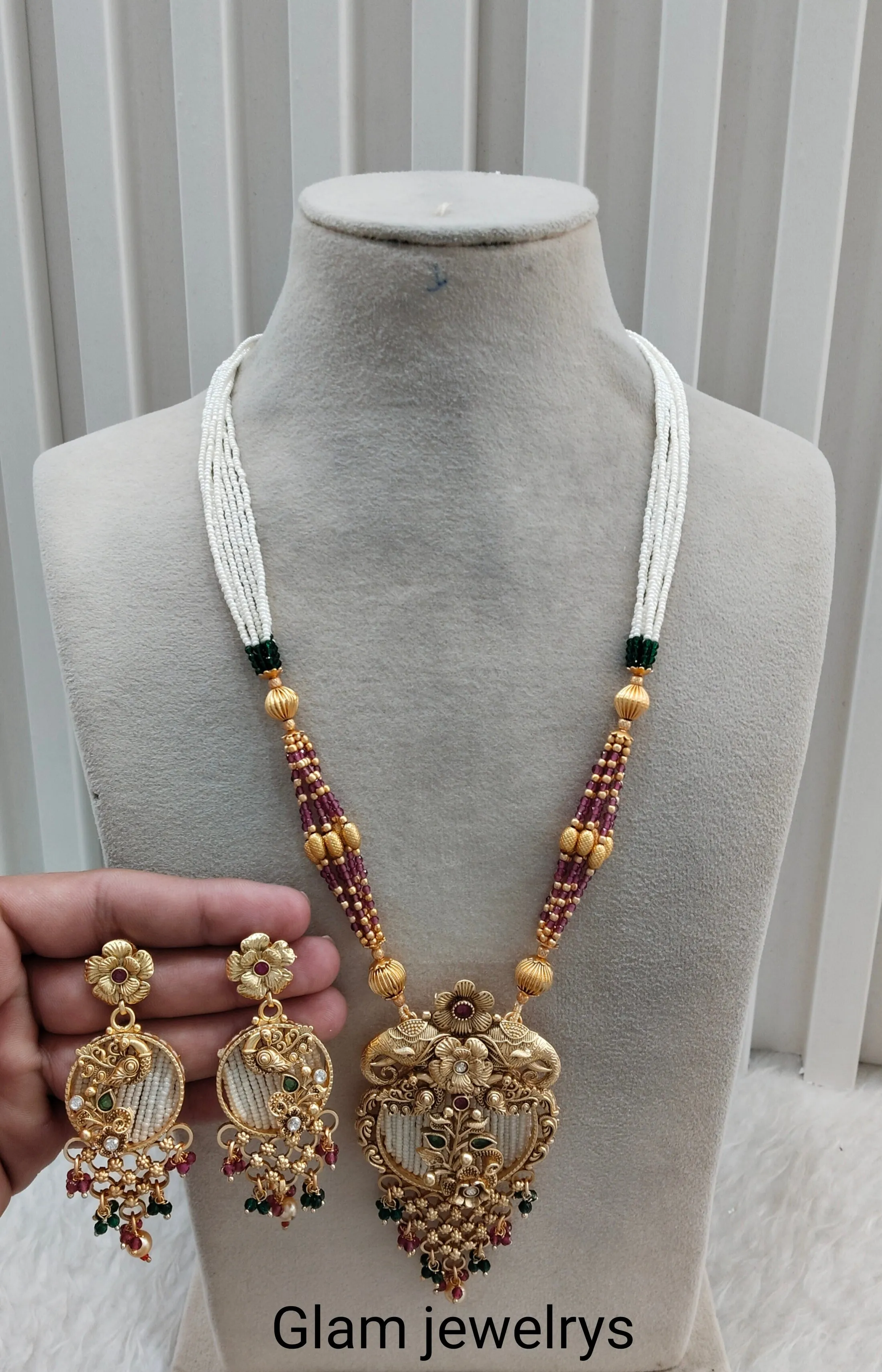 Ruby Green Gold Polki Long Rani Haar Necklace Jewellery Inder Set