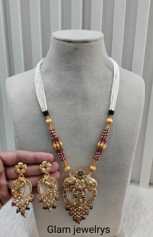 Ruby Green Gold Polki Long Rani Haar Necklace Jewellery Inder Set