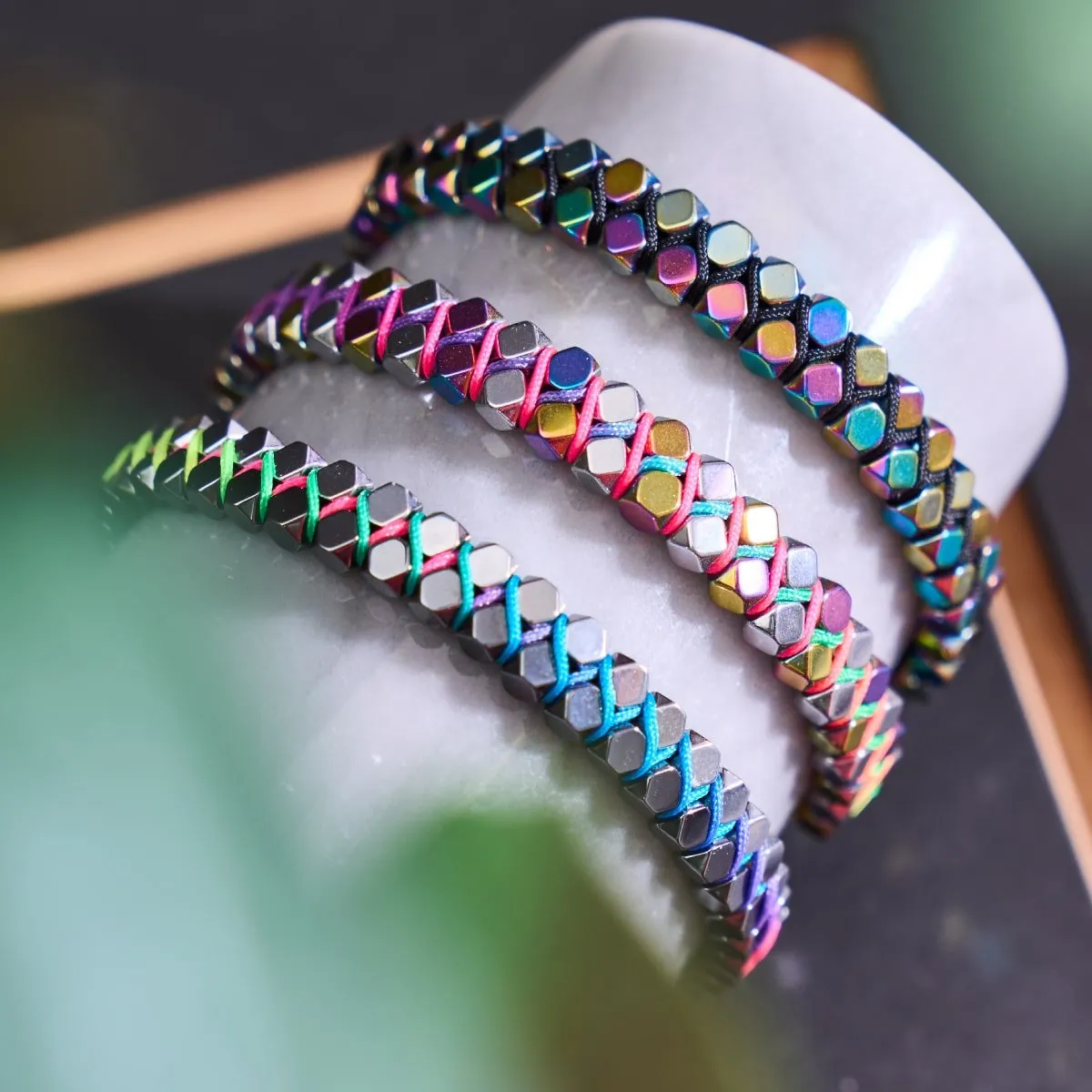 Sacred Geom | Rainbow Hematite | Gunmetal | Octahedron Bracelet