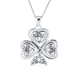 Saint Patricks Shamrock Heart Clover Pendant Necklace in Sterling Silver