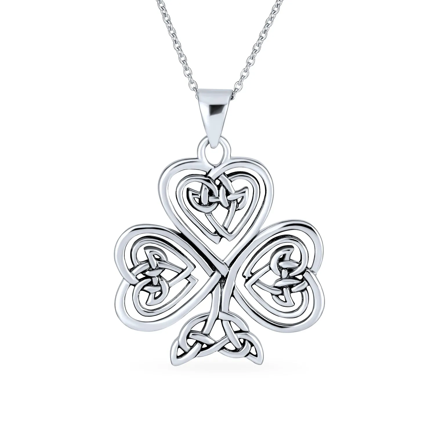 Saint Patricks Shamrock Heart Clover Pendant Necklace in Sterling Silver