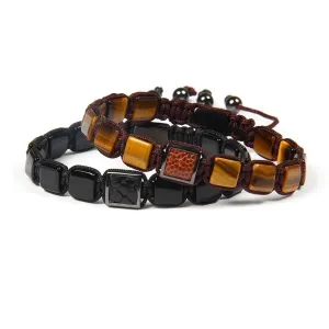 Set of Black Onyx & Tiger Eye Square Bead Braided Bracelets