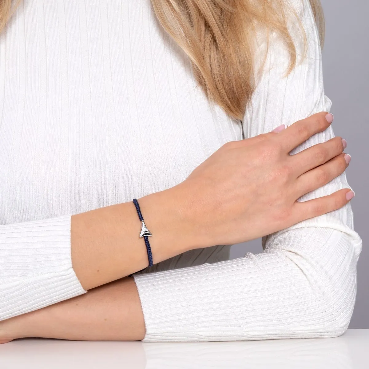 Shark Tooth Navy Macrame Bracelet by Lauren Howe | .925 Sterling Silver | Crystal