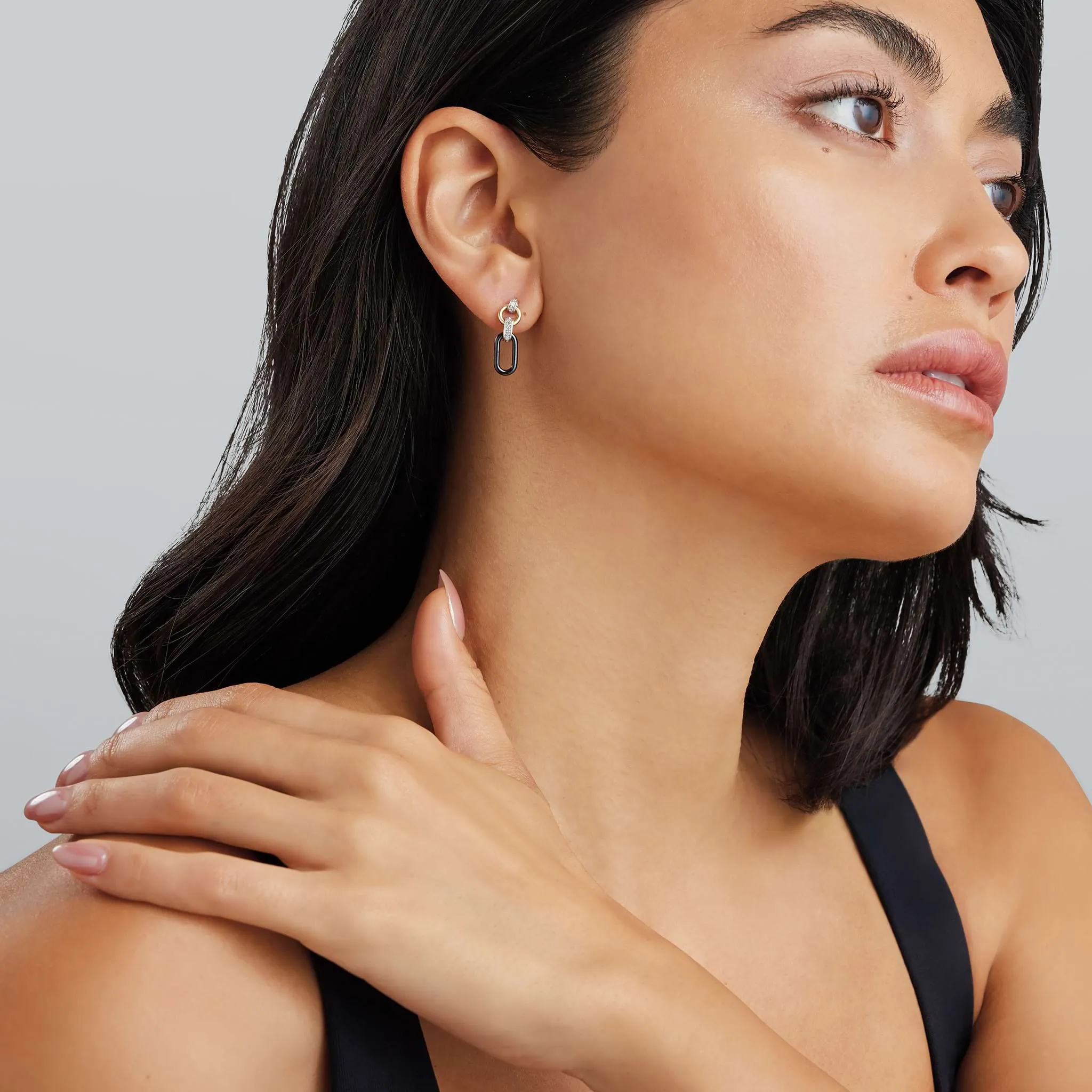 Signature Caviar Small 18K Gold and Black Ceramic Diamond Link Drop Earrings