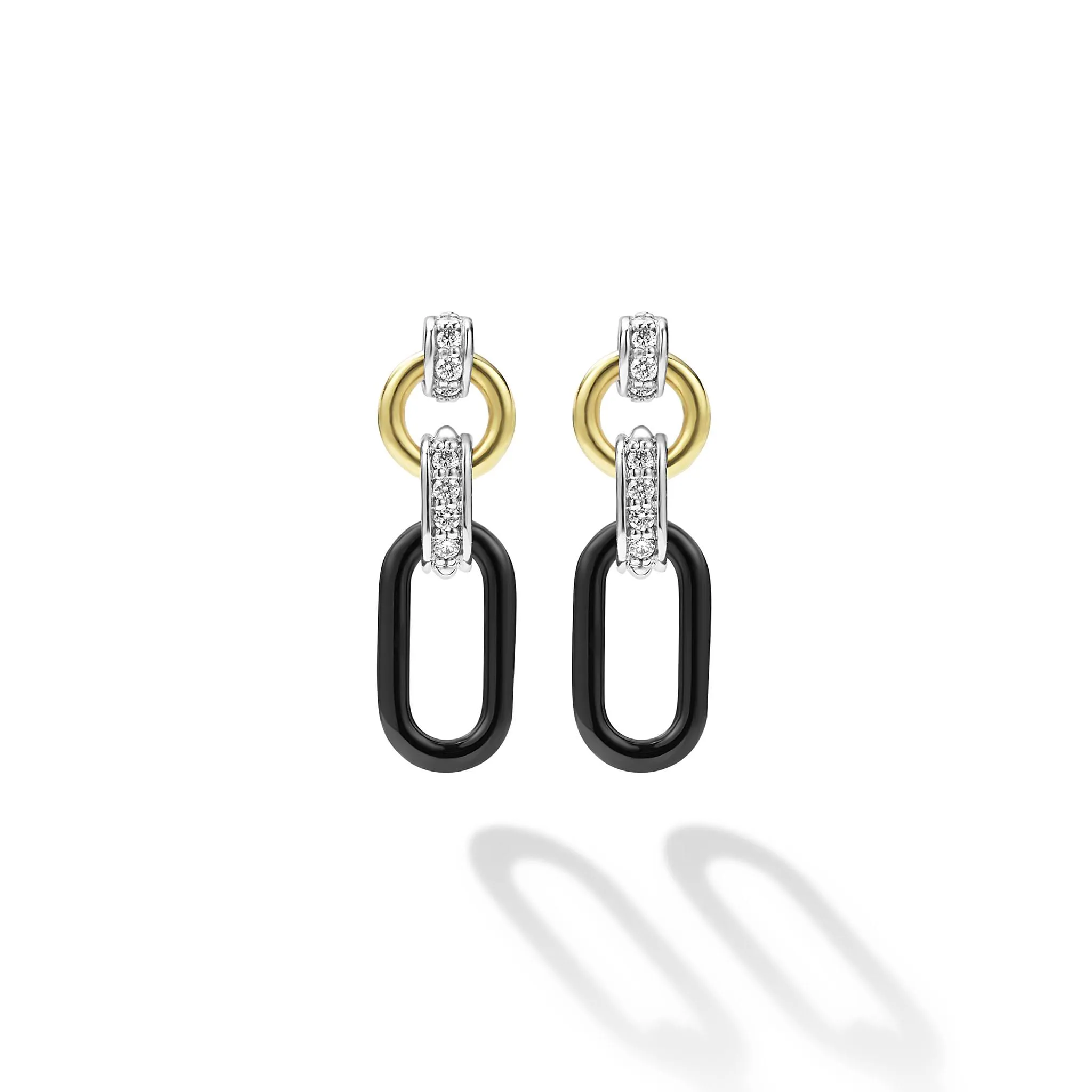Signature Caviar Small 18K Gold and Black Ceramic Diamond Link Drop Earrings