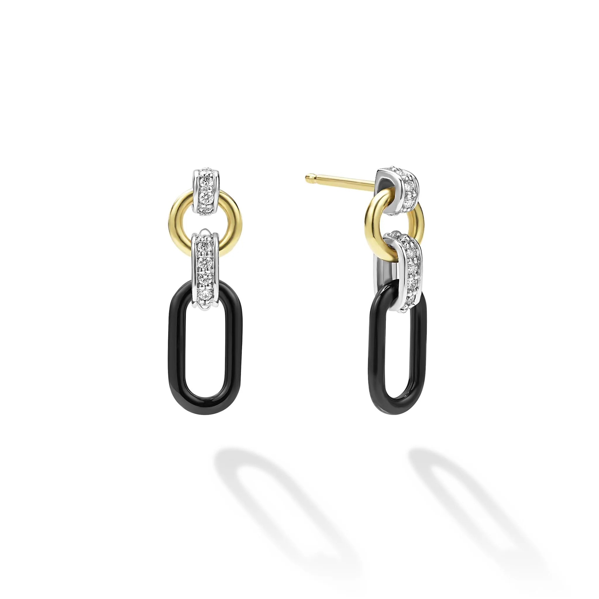 Signature Caviar Small 18K Gold and Black Ceramic Diamond Link Drop Earrings