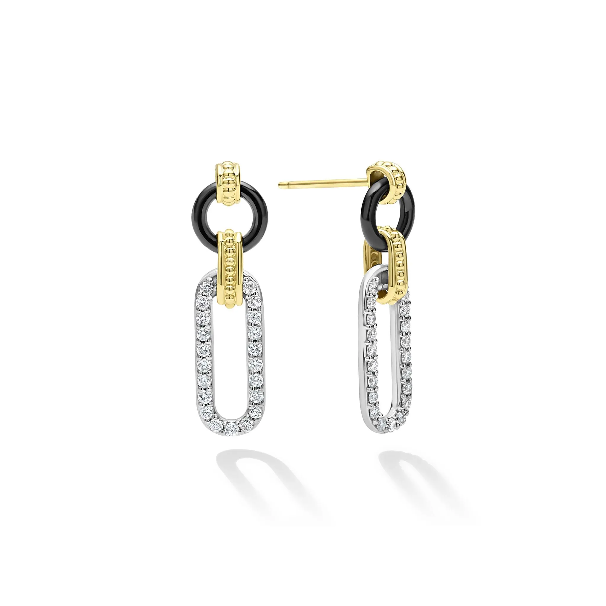 Signature Caviar Small 18K Gold and Black Ceramic Diamond Link Drop Earrings
