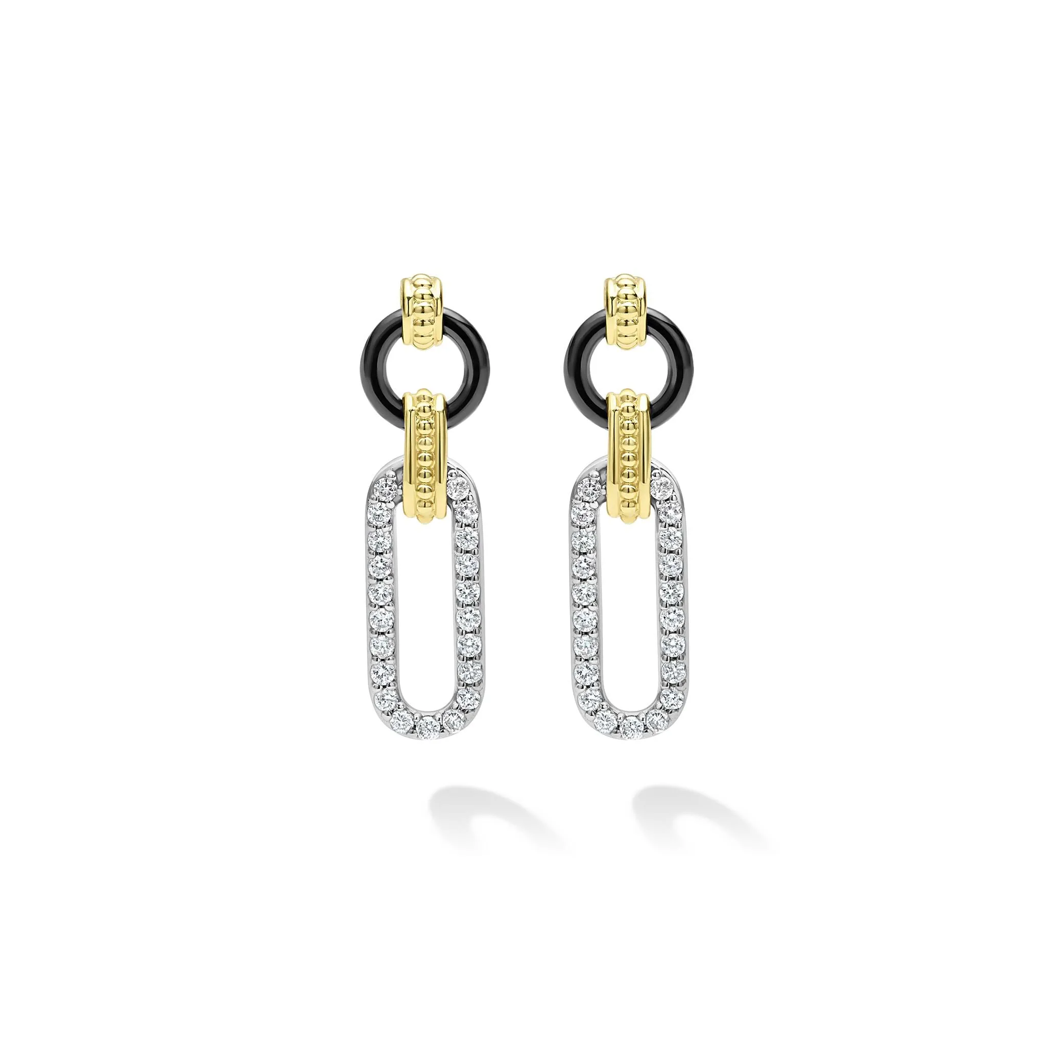 Signature Caviar Small 18K Gold and Black Ceramic Diamond Link Drop Earrings