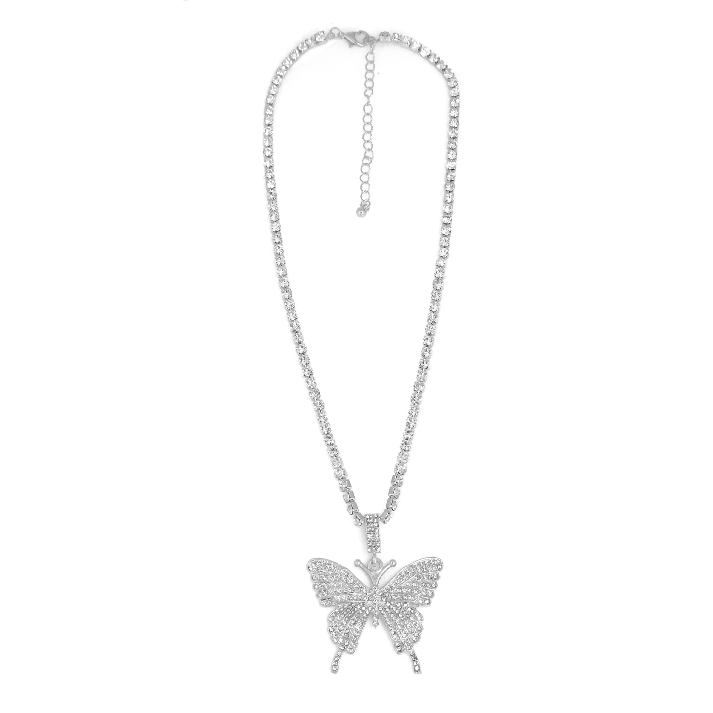 SILVER BUTTERFLY PENDANT PAVE CRYSTAL CHAIN NECKLACE#SQGN-20210250SIL (DF3)