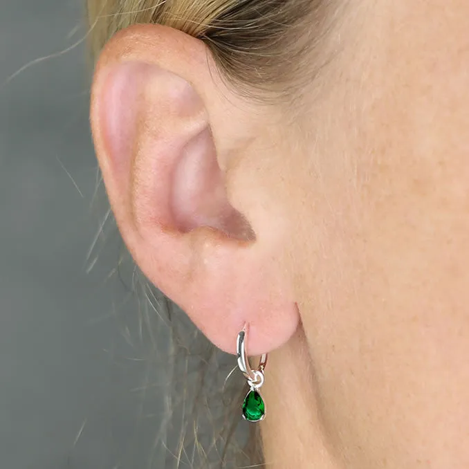 Silver Green CZ Huggie Hoop Earrings