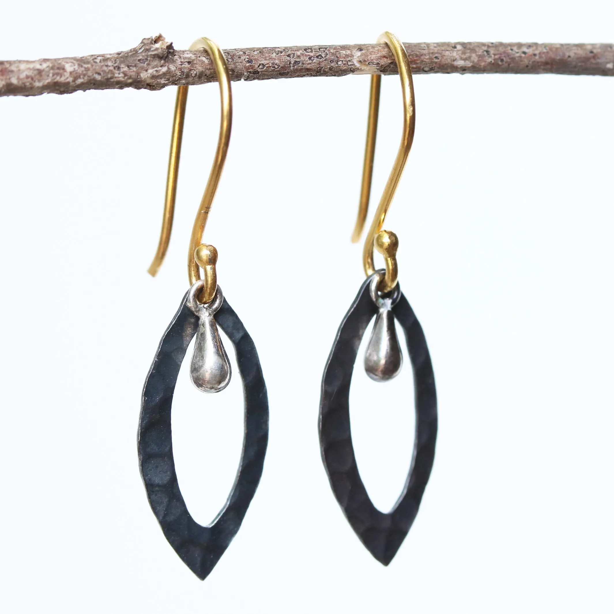 Silver hammered texture earrings with polished silver drop