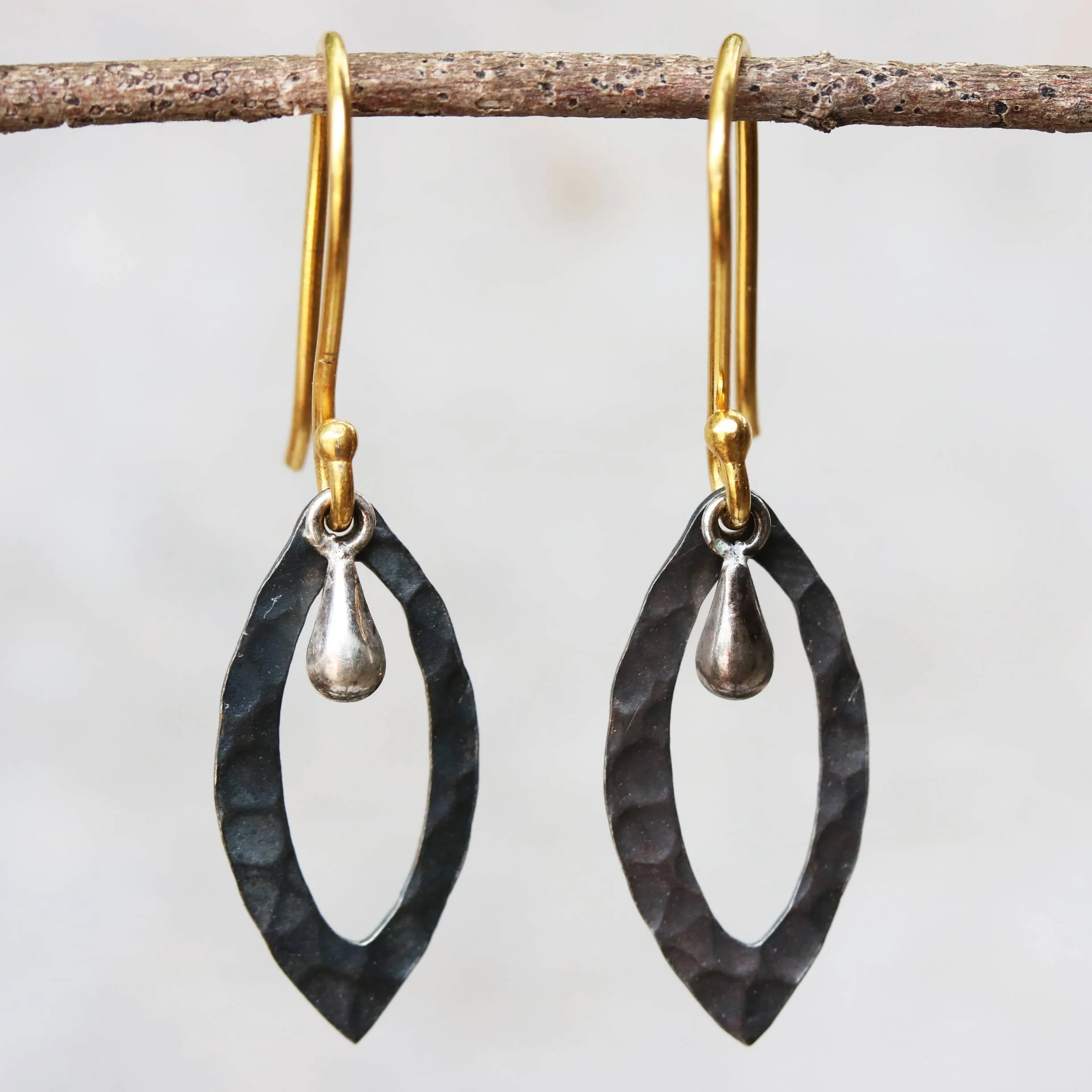 Silver hammered texture earrings with polished silver drop