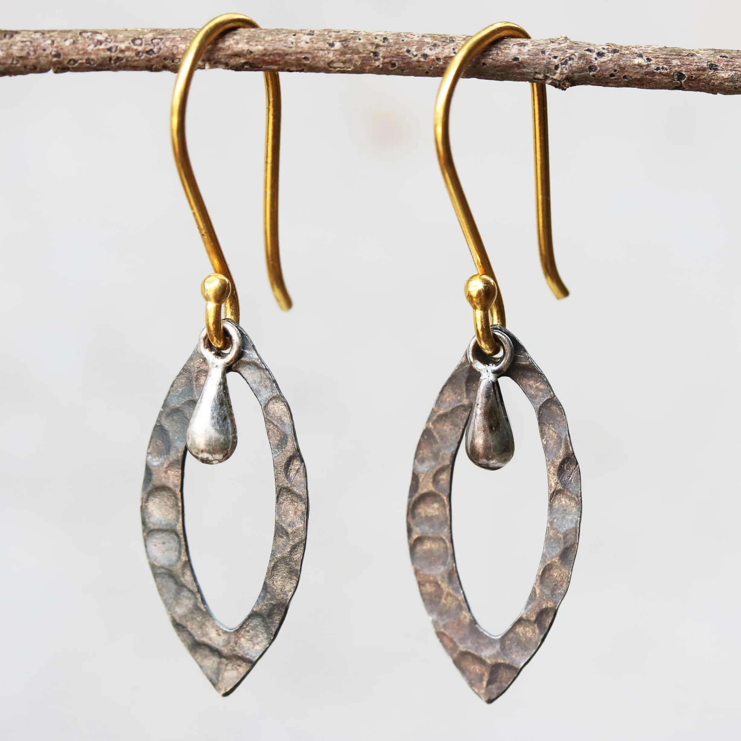 Silver hammered texture earrings with polished silver drop