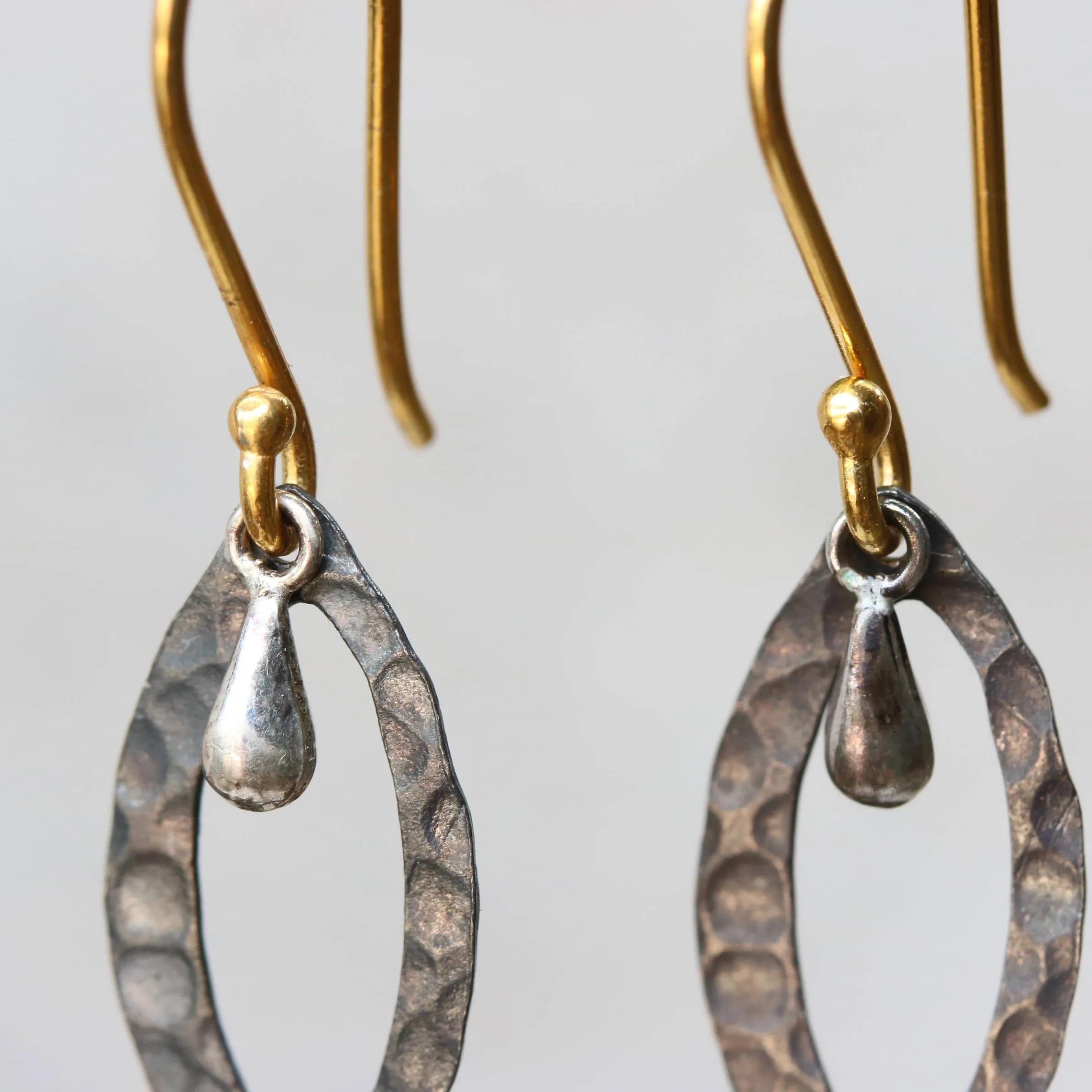 Silver hammered texture earrings with polished silver drop