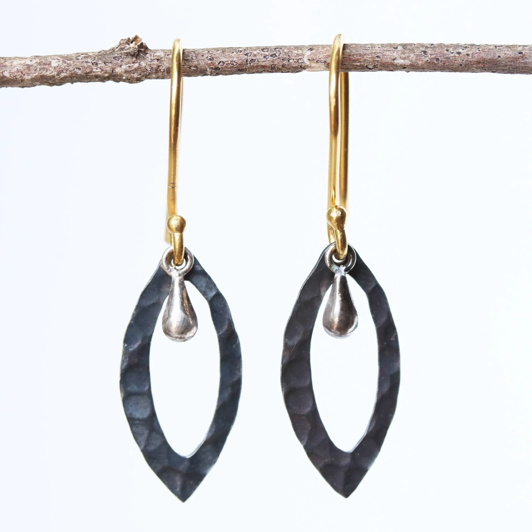 Silver hammered texture earrings with polished silver drop