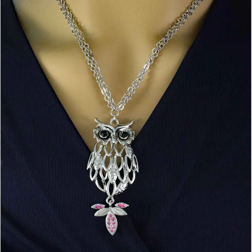 Silver Owl with Large Black Eyes Necklace - RSN271