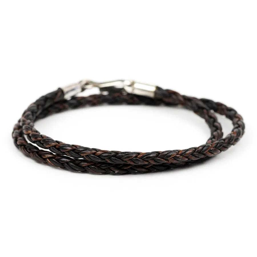 Silver Round Braided Leather Double Wrap
