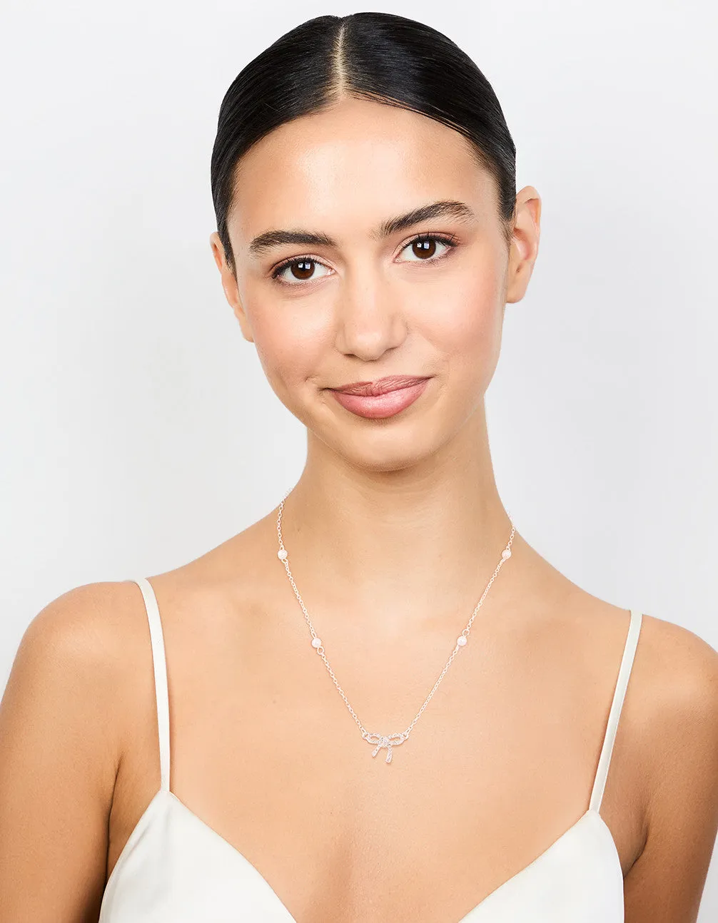 Silver Station Pearl Diamante Bow Necklace