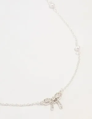 Silver Station Pearl Diamante Bow Necklace
