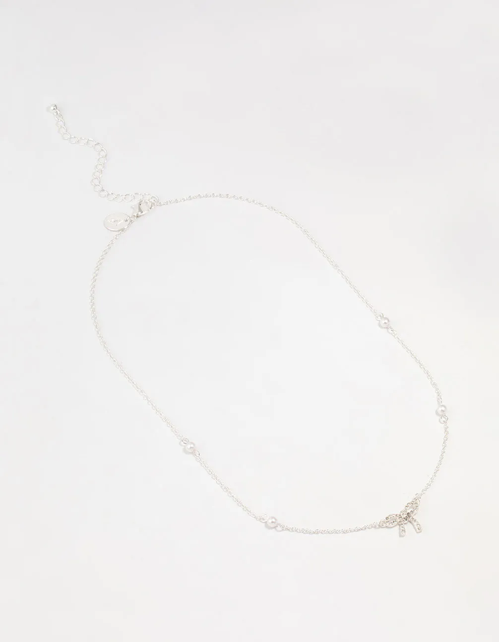 Silver Station Pearl Diamante Bow Necklace