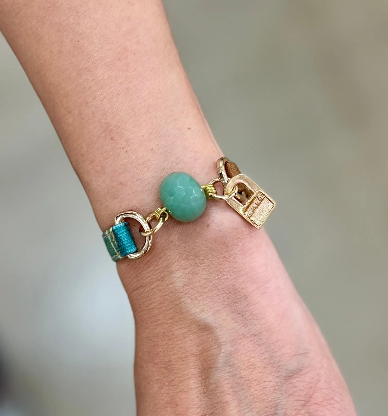 Single Wrap Camel Leather and Green Fabric Bracelet with Jade Stone
