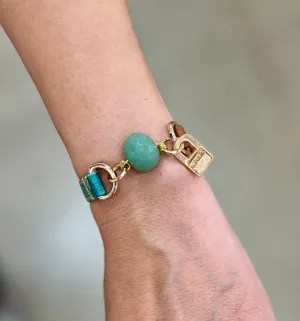 Single Wrap Camel Leather and Green Fabric Bracelet with Jade Stone