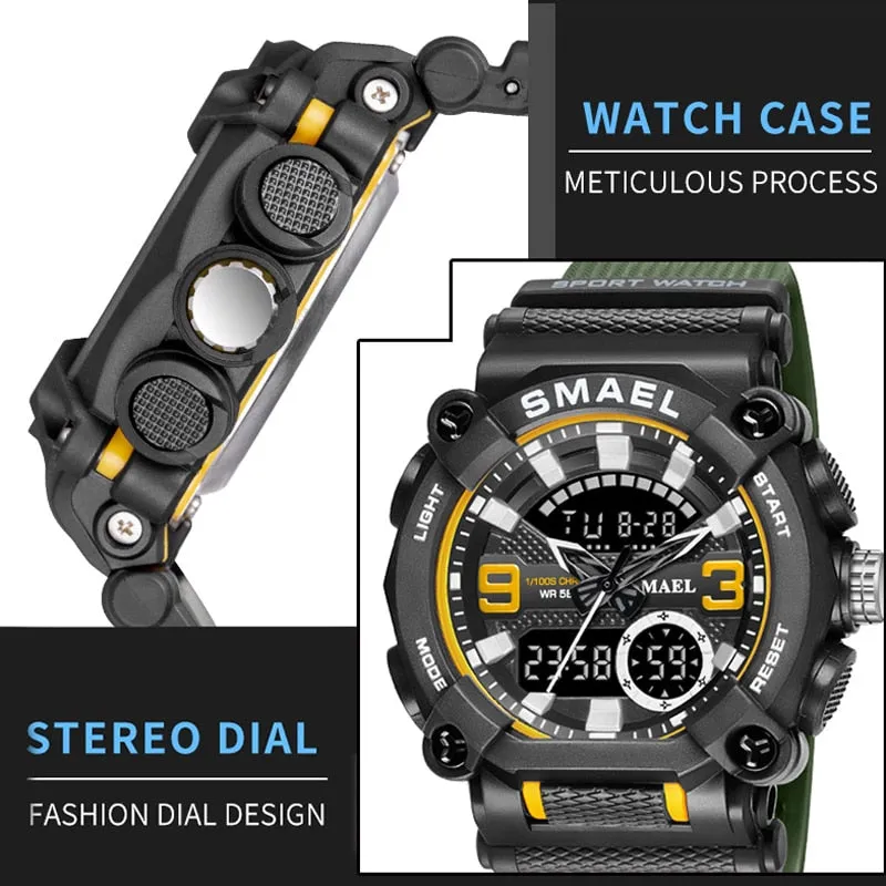 SMAEL Military Watch Men Army Sports Waterproof Big Dial Man Clock LED Light Week Display Quartz Wristwatch Digital Watches Mens
