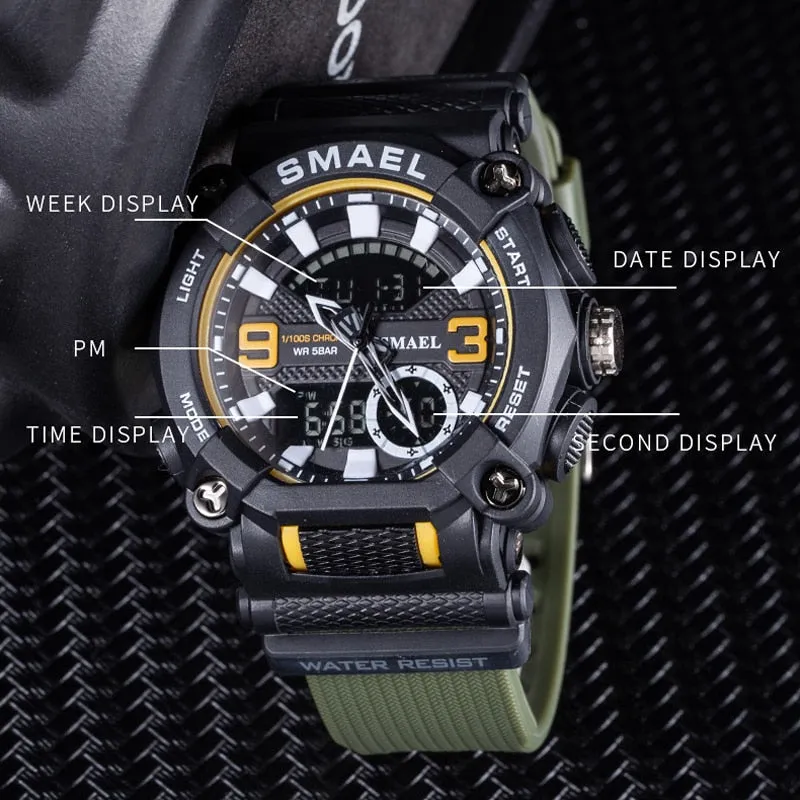 SMAEL Military Watch Men Army Sports Waterproof Big Dial Man Clock LED Light Week Display Quartz Wristwatch Digital Watches Mens