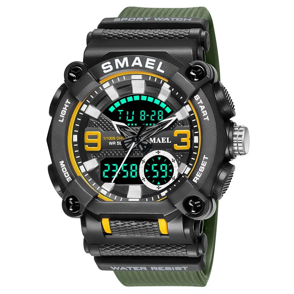 SMAEL Military Watch Men Army Sports Waterproof Big Dial Man Clock LED Light Week Display Quartz Wristwatch Digital Watches Mens