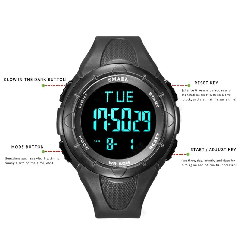SMAEL New Military Outdoor Mens Watches LED Digital Display Silicone Waterproof Sport Watch Men Wrist Watch Relogio Masculino