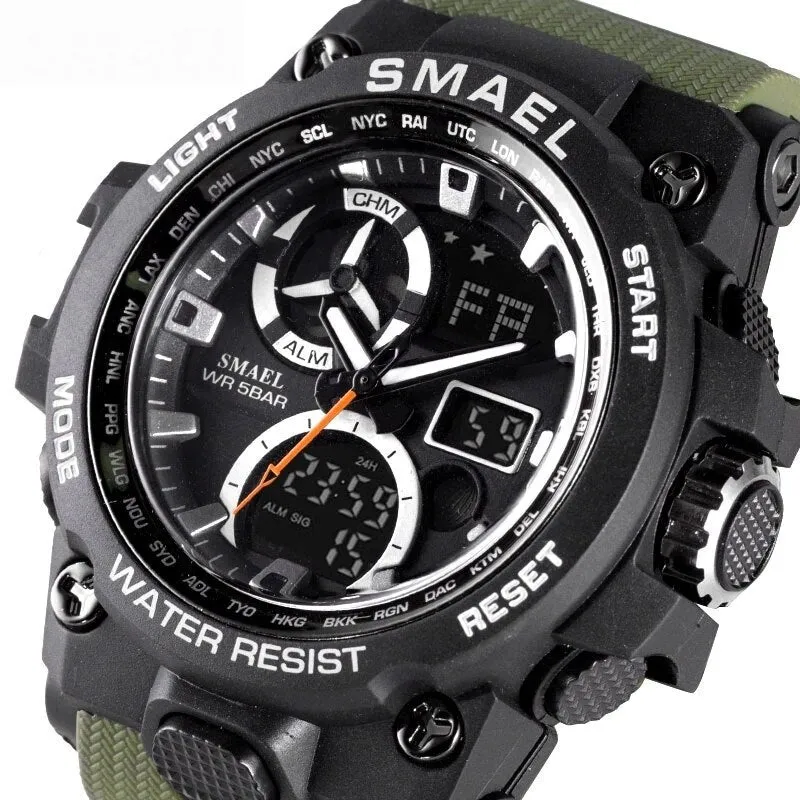 SMAEL Sport Watch Men LED Digital Quartz Red Watches Waterproof  Stopwatch Big Dial Clock For Male Dual Time Display Watches Man